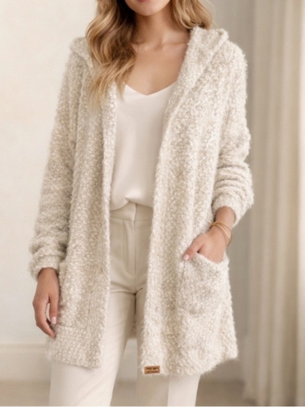 Anthro’s POL Hooded Boucle Cardigan Sweater Oatmeal Cozy Cabin Core Boho Size S